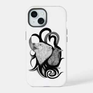 White Wolf with Raven Tribal Art iPhone 15 Case