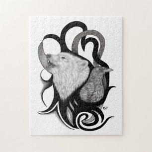 White Wolf with Raven Tribal Art Jigsaw Puzzle