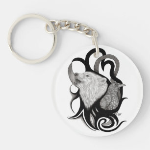 White Wolf with Raven Tribal Art Keychain
