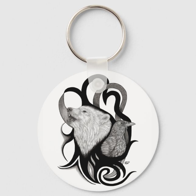 White Wolf with Raven Tribal Art Keychain (Front)