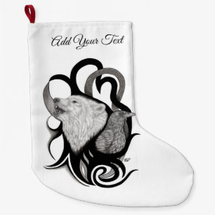 White Wolf with Raven Tribal Art Large Christmas Stocking