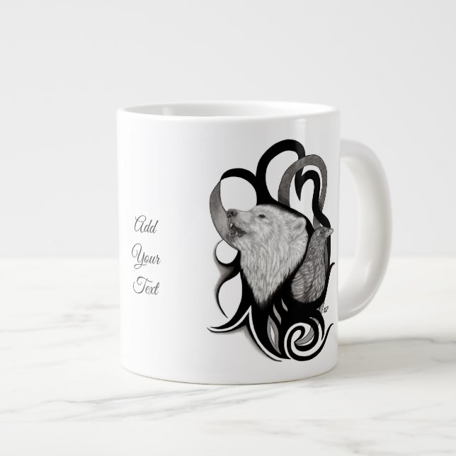 White Wolf with Raven Tribal Art Large Coffee Mug (Front Right)