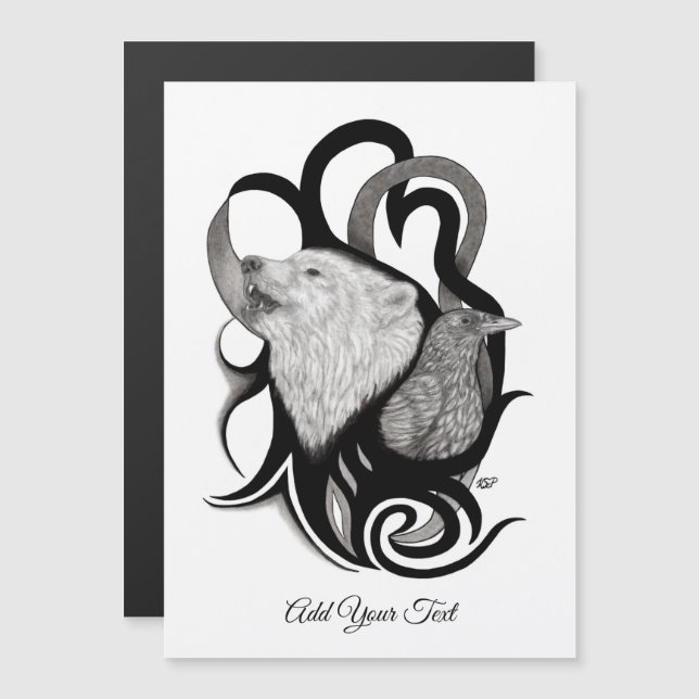 White Wolf with Raven Tribal Art Magnetic Invitation (Front/Back)