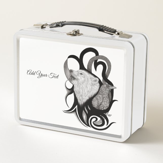 White Wolf with Raven Tribal Art Metal Lunch Box (Front)