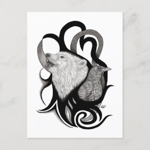 White Wolf with Raven Tribal Art Postcard