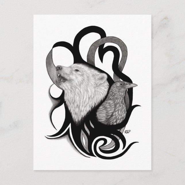 White Wolf with Raven Tribal Art Postcard (Front)