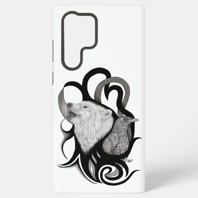 White Wolf with Raven Tribal Art Samsung Galaxy S22 Ultra Case (Back)