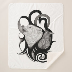 White Wolf with Raven Tribal Art Sherpa Blanket