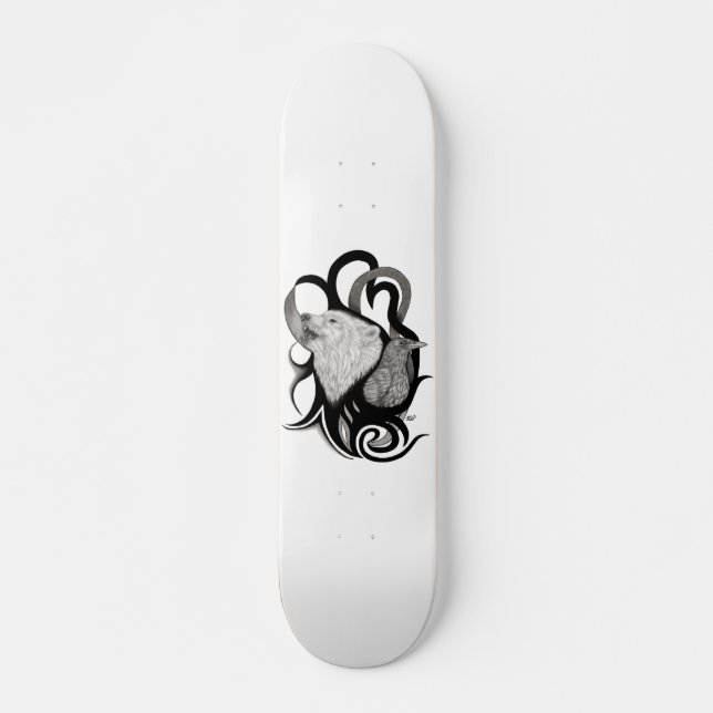 White Wolf with Raven Tribal Art Skateboard (Front)