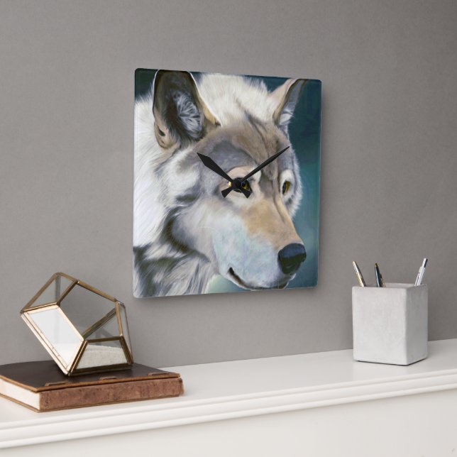 White wolf with yellow eyes wall clock (Office)