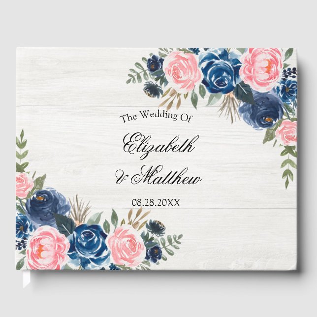 White Wood Blush Pink Navy Blue Peony Wedding Guest Book (Front)