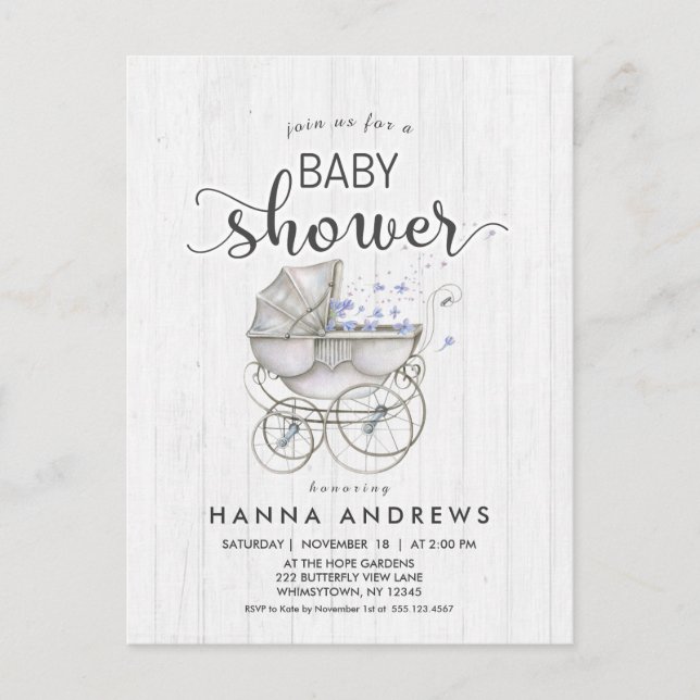 White Wood & Carriage Boy Baby Shower Invitation Postcard (Front)