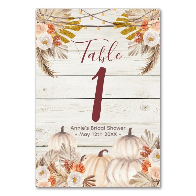 White Wood Cream Pumpkin Floral Table Number (Front)