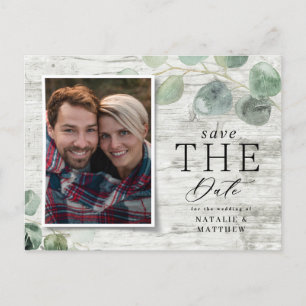 white wood eucalyptus botanical photo wedding announcement postcard