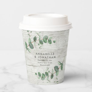 white wood eucalyptus foliage wedding   paper cups