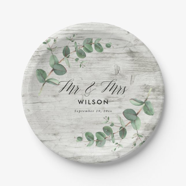 white wood eucalyptus foliage wedding  paper plate (Front)