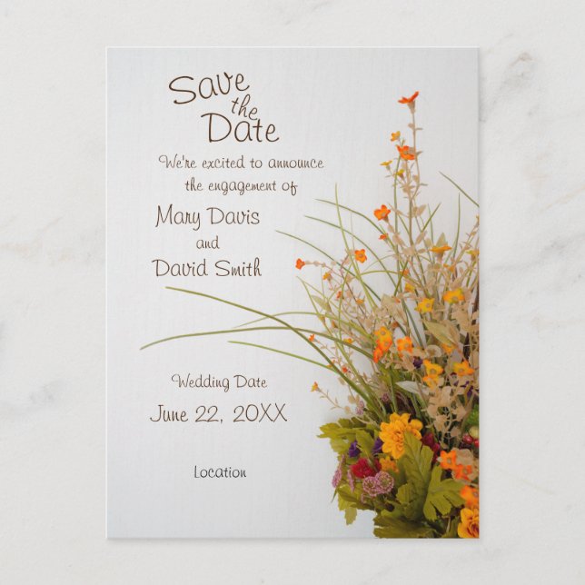 White Wood Fall Flowers Save The Date Postcard (Front)