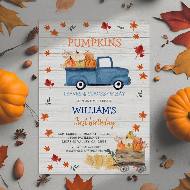 White Wood First little royal blue truck birthday Invitation (Creator Uploaded)