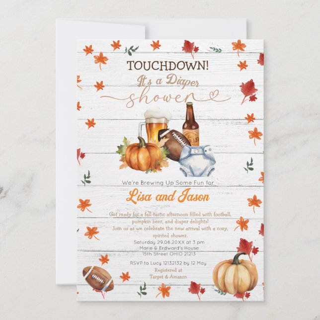 White Wood Football Pumpkin Fall Diaper Shower Invitation (Front)