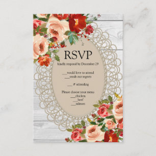 White Wood Lace Red Flowers Roses Rustic RSVP Enclosure Card