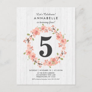 White Wood Peach Floral Birthday Party Invitation Postcard