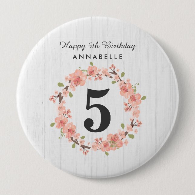 White Wood & Peach Floral Wreath Happy Birthday 4 Inch Round Button (Front)