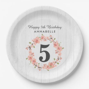 White Wood & Peach Floral Wreath Happy Birthday Paper Plate
