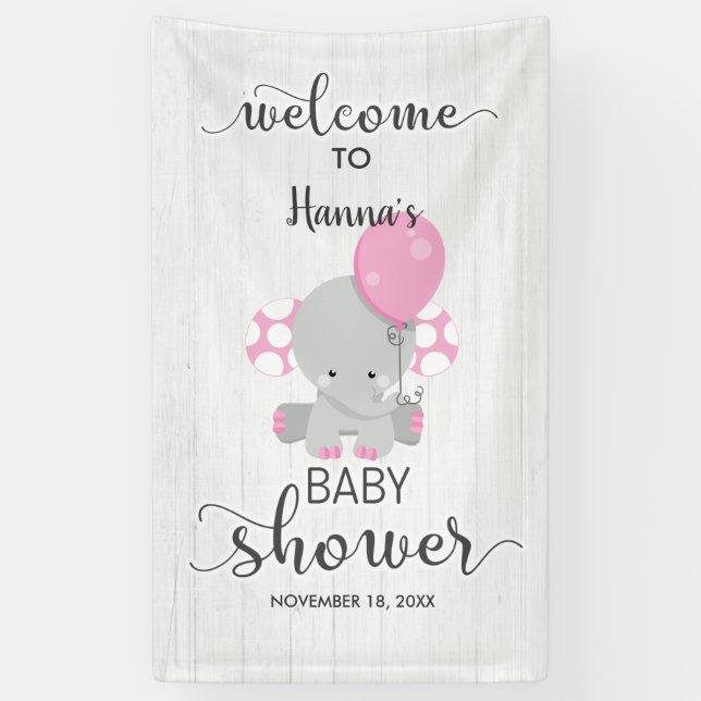 White Wood & Pink Elephant Baby Shower Welcome Banner (Vertical)