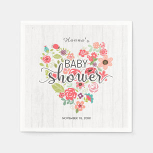 White Wood & Pink Floral Heart Girl Baby Shower Napkin