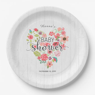 White Wood & Pink Floral Heart Girl Baby Shower Paper Plate