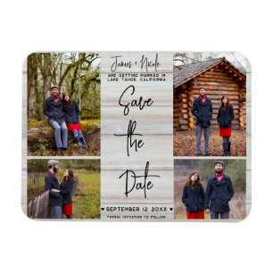 White Wood Rustic 4 Photos Save the Date Wedding Magnet