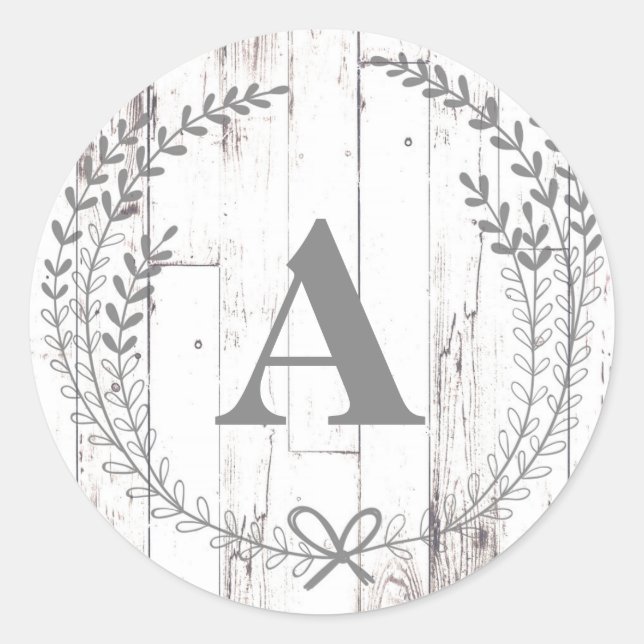 White Wood Rustic Farmhouse Monogram Letter Classic Round Sticker (Front)