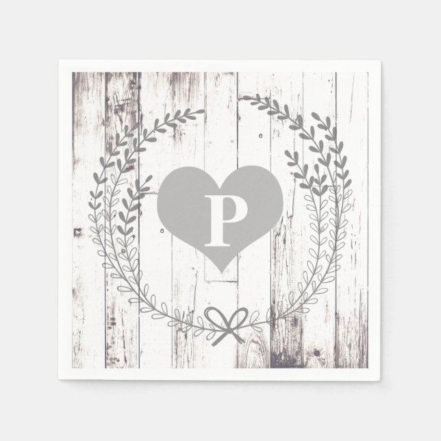 White Wood Rustic Farmhouse Monogram Wedding Napkin (Front)