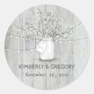 White Wood Rustic Mason Jar Baby's Breath Wedding Classic Round Sticker