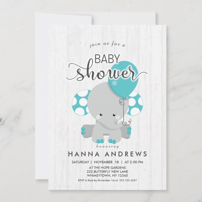 White Wood Teal Elephant Baby Shower Invitation (Front)
