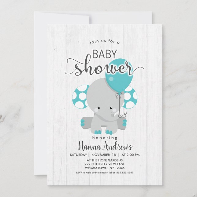 White Wood Teal Elephant Baby Shower Invitation (Front)