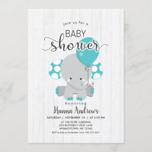 White Wood Teal Elephant Baby Shower Invitation