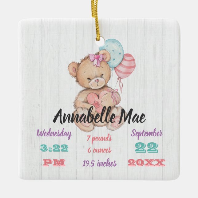 White Wood & Teddy Bear Baby Girl Birth Keepsake Ceramic Ornament (Front)