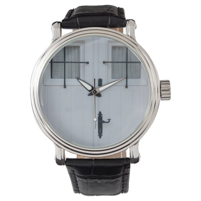 White Wooden Door With Black Wrought Iron Bars Watch (Front)