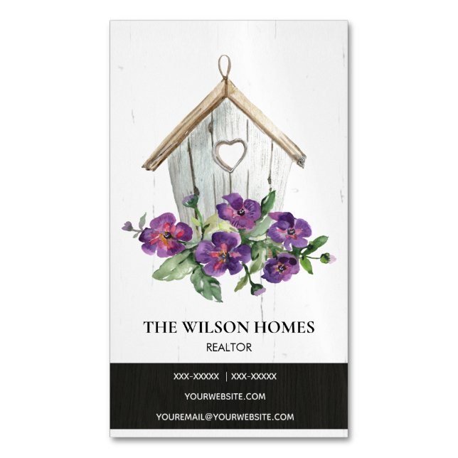 WHITE WOODEN FLORAL BIRDHOUSE REAL ESTATE REALTOR 	Magnetic BUSINESS CARD (Front Vertical)