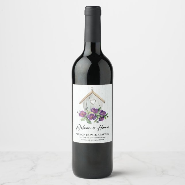 WHITE WOODEN FLORAL BIRDHOUSE WELCOME HOME REALTOR WINE LABEL (Front)