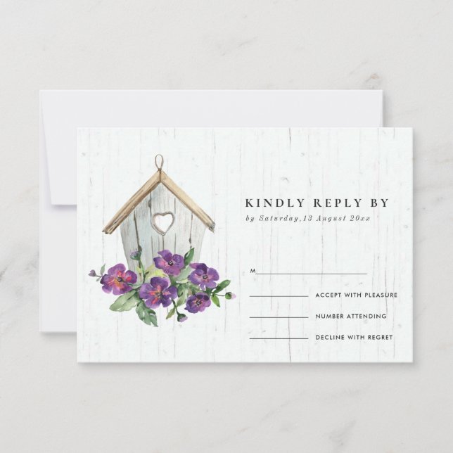 WHITE WOODEN RUSTIC FLORAL BIRDHOUSE WEDDING RSVP CARD (Front)
