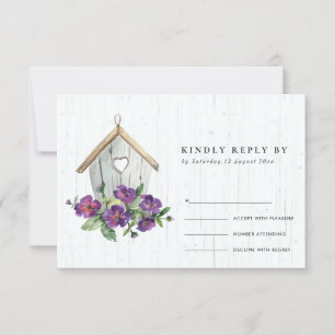 WHITE WOODEN RUSTIC FLORAL BIRDHOUSE WEDDING RSVP CARD