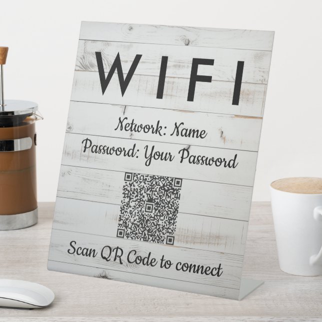 White Wooden WiFi Password Code  QR Code Pedestal Sign (In SItu)