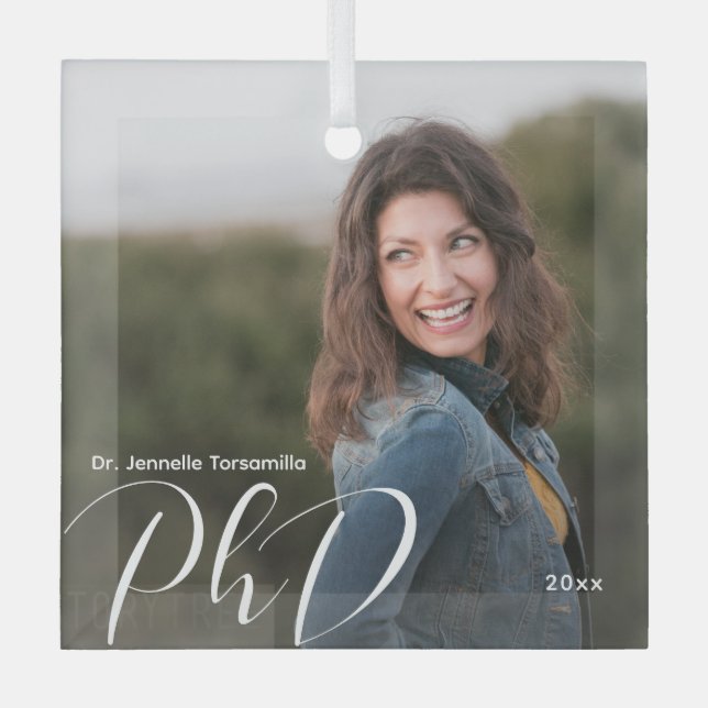 White Words Photo PhD Graduation Glass Ornament (Front)