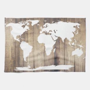 White World Map Rustic Wood Planks Kitchen Towel