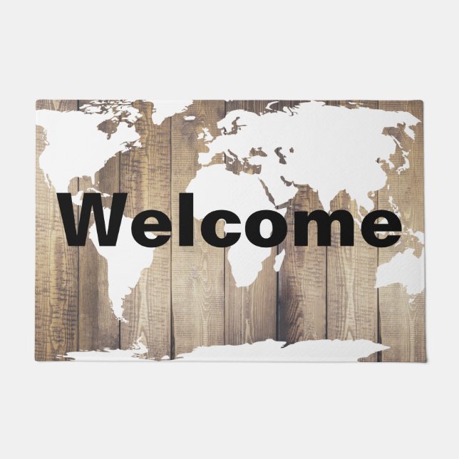 White World Map Rustic Wood Planks Welcome Doormat (Front)