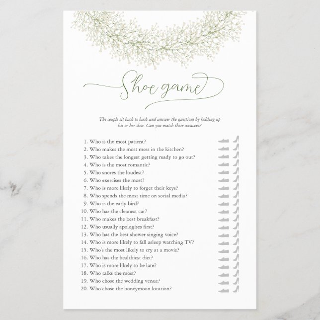 White Wreath Shoe Bridal Shower Game Flyer (Front)