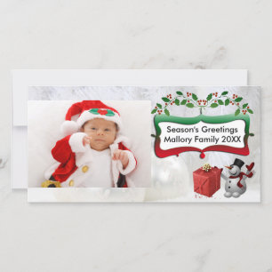 White Xmas Balls, Snowman, Trees, Holly Holiday Card