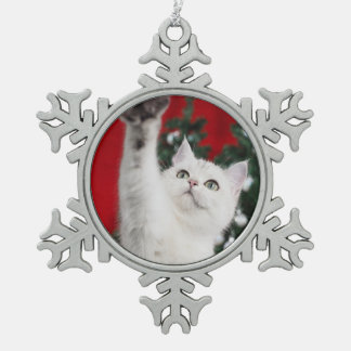White XMAS Cat Snowflake Pewter Christmas Ornament